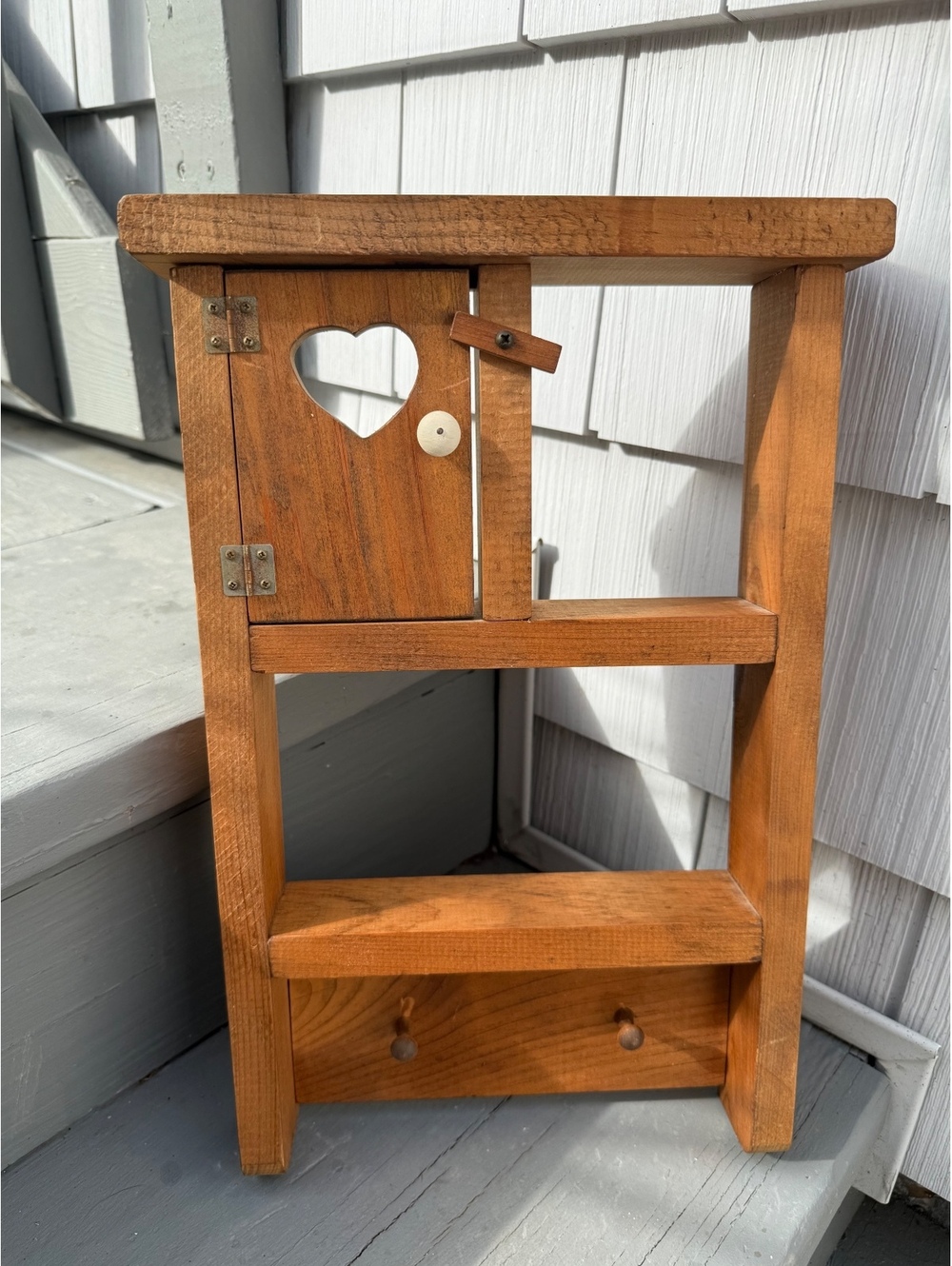 Rustic Wooden Wall Shelf with Heart Cabinet Door & 2 Peg Hooks